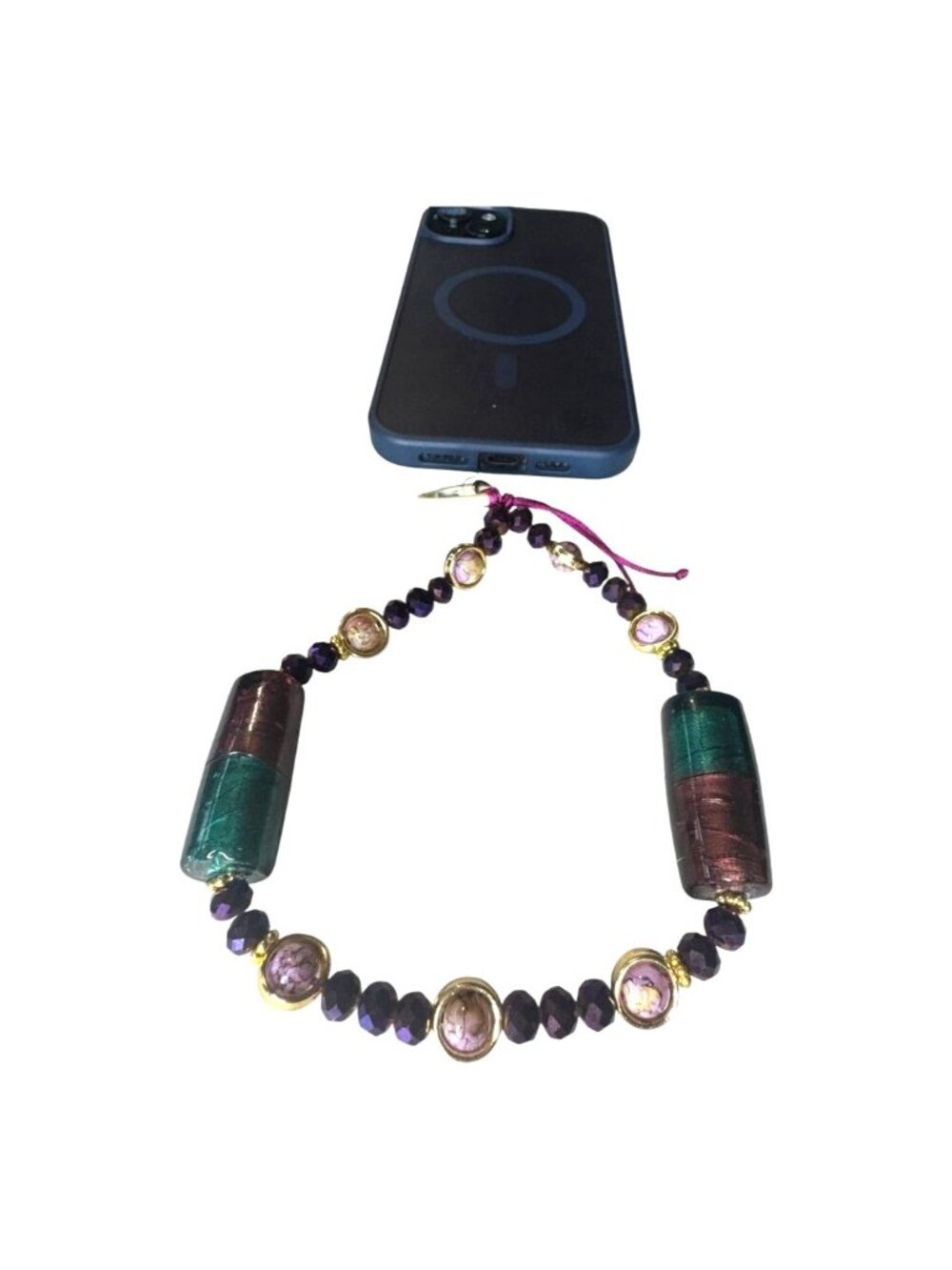 Beaded Phone Wristlet with Large Glass Beads & Purple Gem Accents for Secure Gri